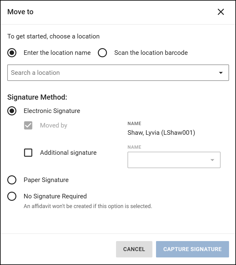 The image shows the Move to interface for transferring property to a new location. Users can choose to enter the location name or scan the location barcode, with a dropdown field provided for location selection. The Signature Method section offers options for Electronic Signature, Paper Signature, or No Signature Required. At the bottom, there are Cancel and Capture Signature buttons.