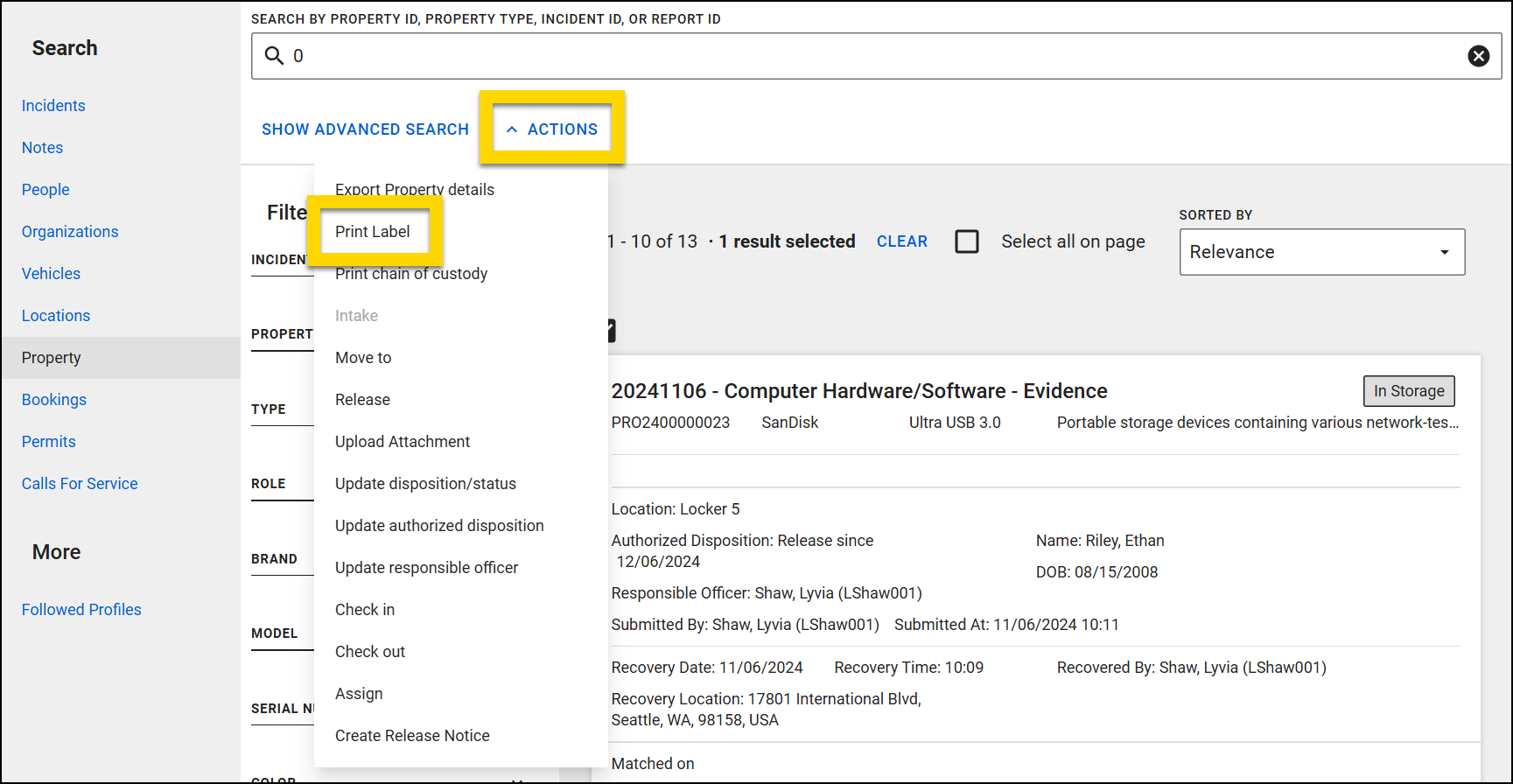 The image shows the Property Search page. The main section displays search results. The Actions menu, highlighted in yellow, lists various options with the Print Label option highlighted.