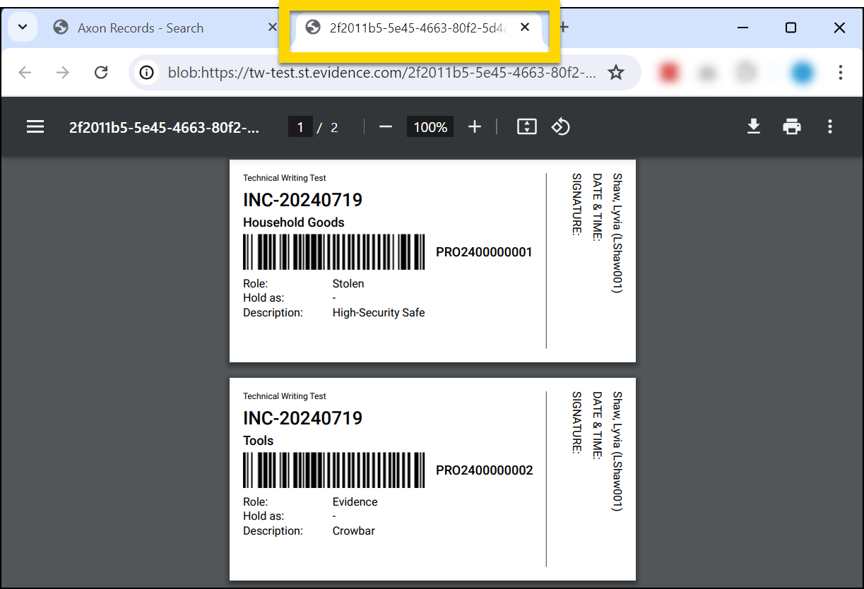The image shows a browser tab open to a PDF document that contains two property labels. Each lable includes a Property ID, barcode, and additional details about the property item, including role and collection information.