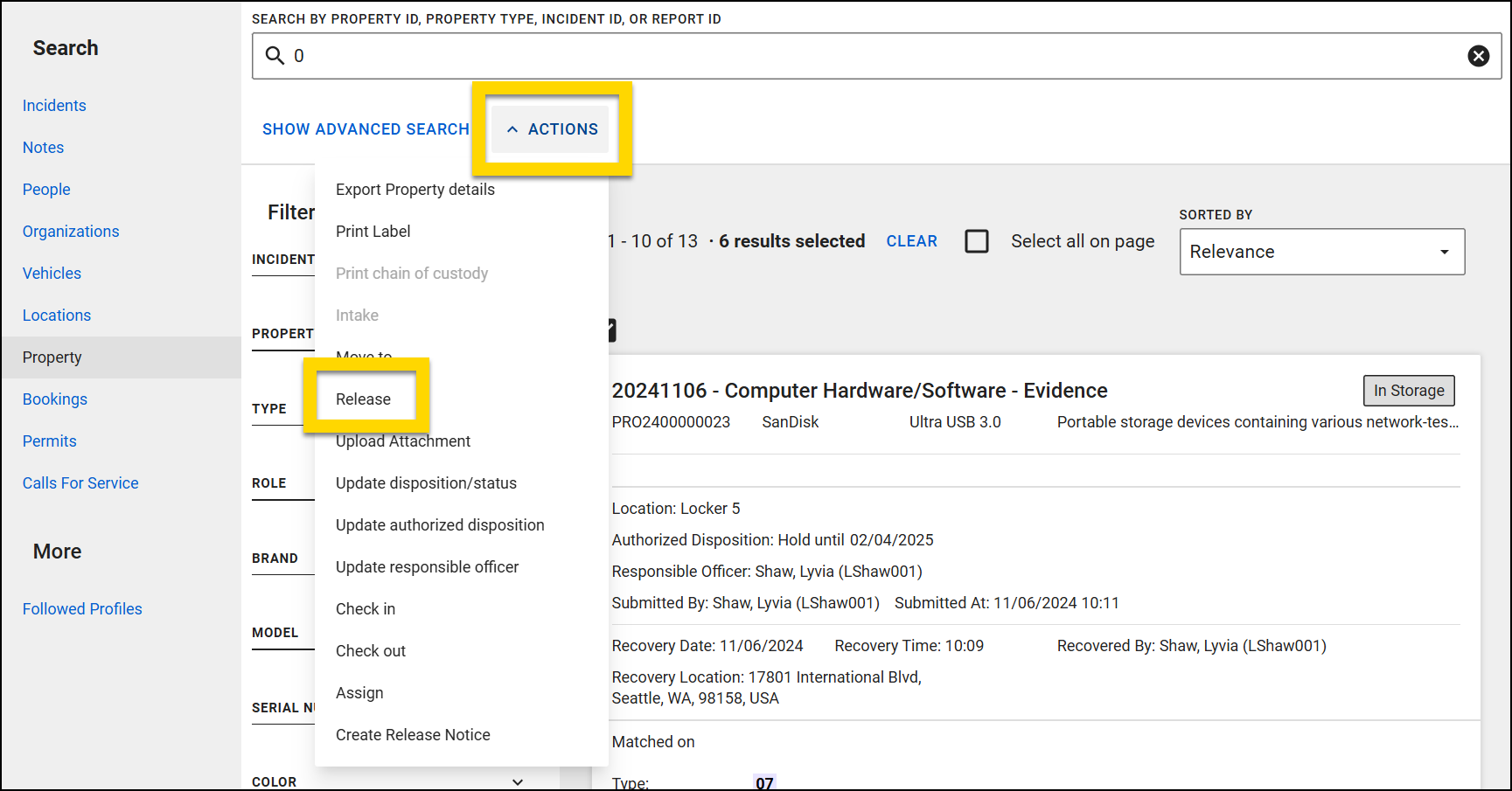 The image shows the Property Search page. The main section displays search results. The Actions menu, highlighted in yellow, lists various options with the Release option highlighted.