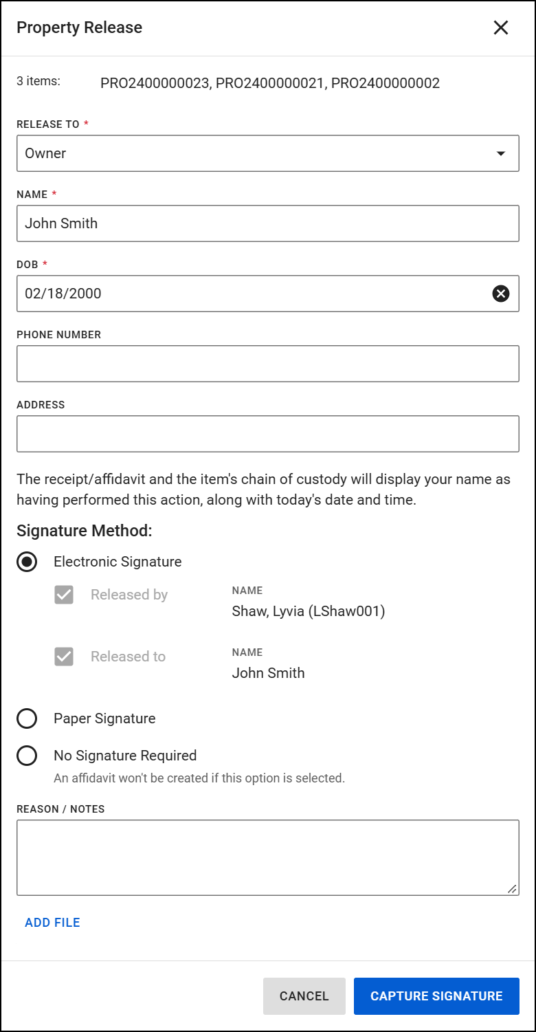 The image shows the Property Release interface for processing the release of three items. The Release To field is set to Owner, with required fields for Name, Date of Birth, Phone Number, and Address. Below, the Signature Method section offers options for Electronic Signature, Paper Signature, or No Signature Required. At the bottom, there are Cancel and Capture Signature buttons.
