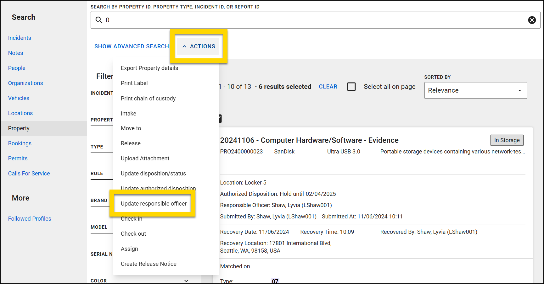 The image shows the Property Search page. The main section displays search results. The Actions menu, highlighted in yellow, lists various options with the Update Responsible Officer option highlighted.