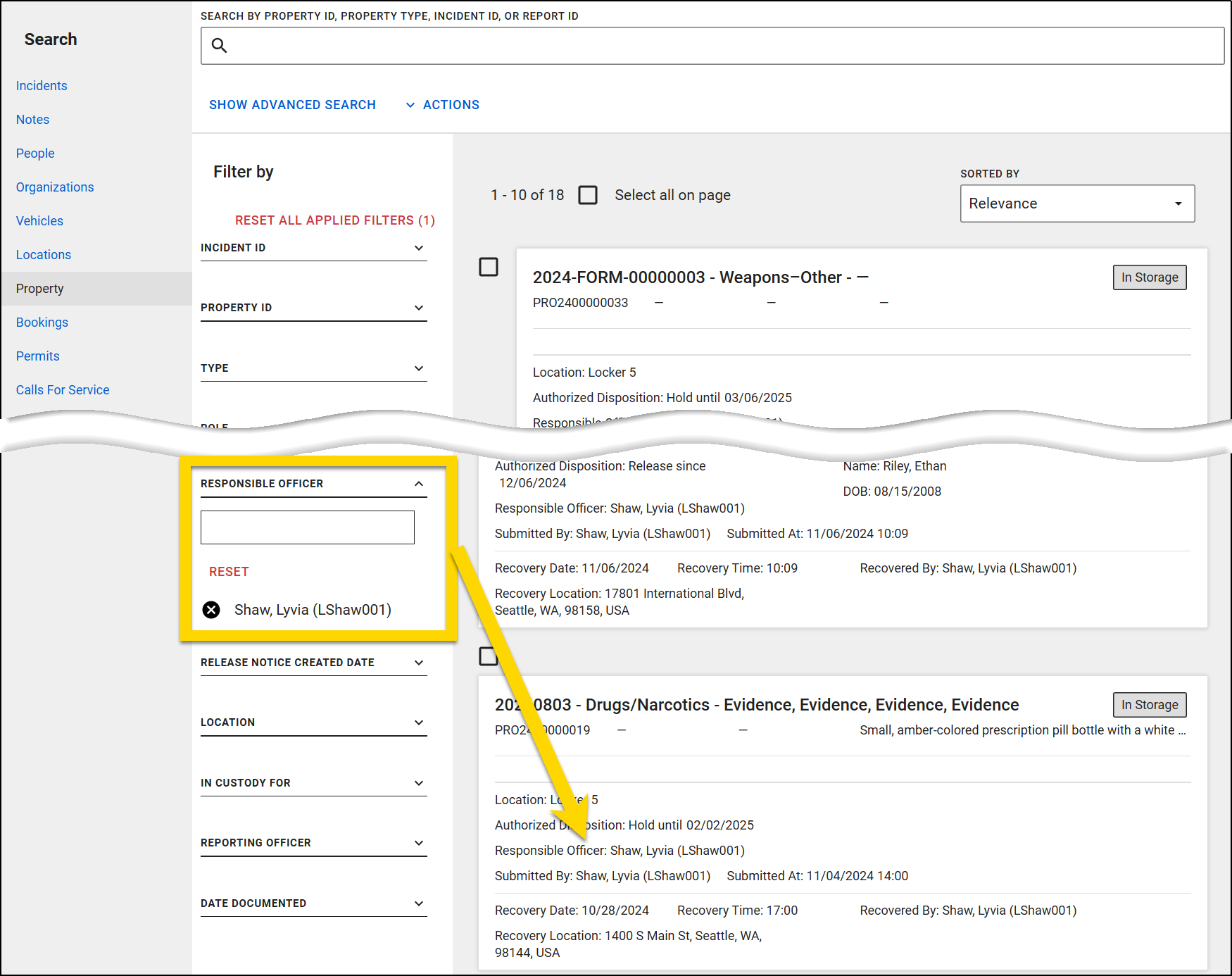 The image shows the Property Search page. The search results display two items. Both items list the same user as the responsible officer. The Responsible Officer filter on the left is highlighted. An arrow points from the filtered user's name to where it appears on the search result previews.