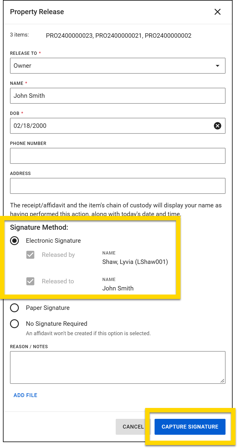 The image displays the Property Release interface for releasing three items. The release is set to Owner. The Signature Method section, highlighted in yellow, shows Electronic Signature selected. Below, options for Paper Signature or No Signature Required are available. The Capture Signature button is highlighted at the bottom, alongside a Cancel button.