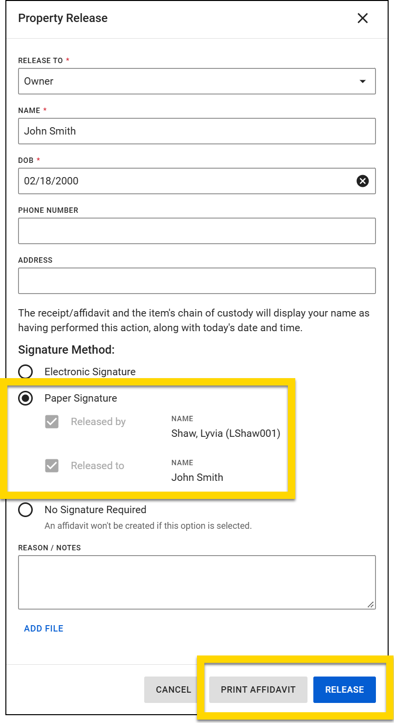 The image displays the Property Release interface for releasing three items. The release is set to Owner. The Signature Method section, highlighted in yellow, shows Paper Signature selected. Options for Eletronic Signature or No Signature Required are available. The Print Affidavit and Release buttons are highlighted at the bottom, alongside a Cancel button.