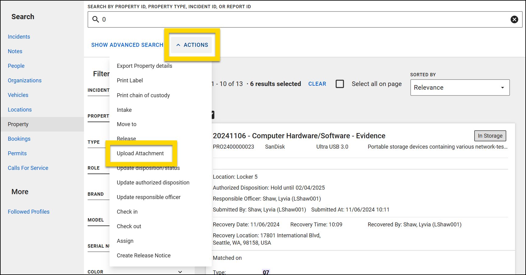 The image shows the Property Search page. The main section displays search results. The Actions menu, highlighted in yellow, lists various options with the Upload Attachment option highlighted.