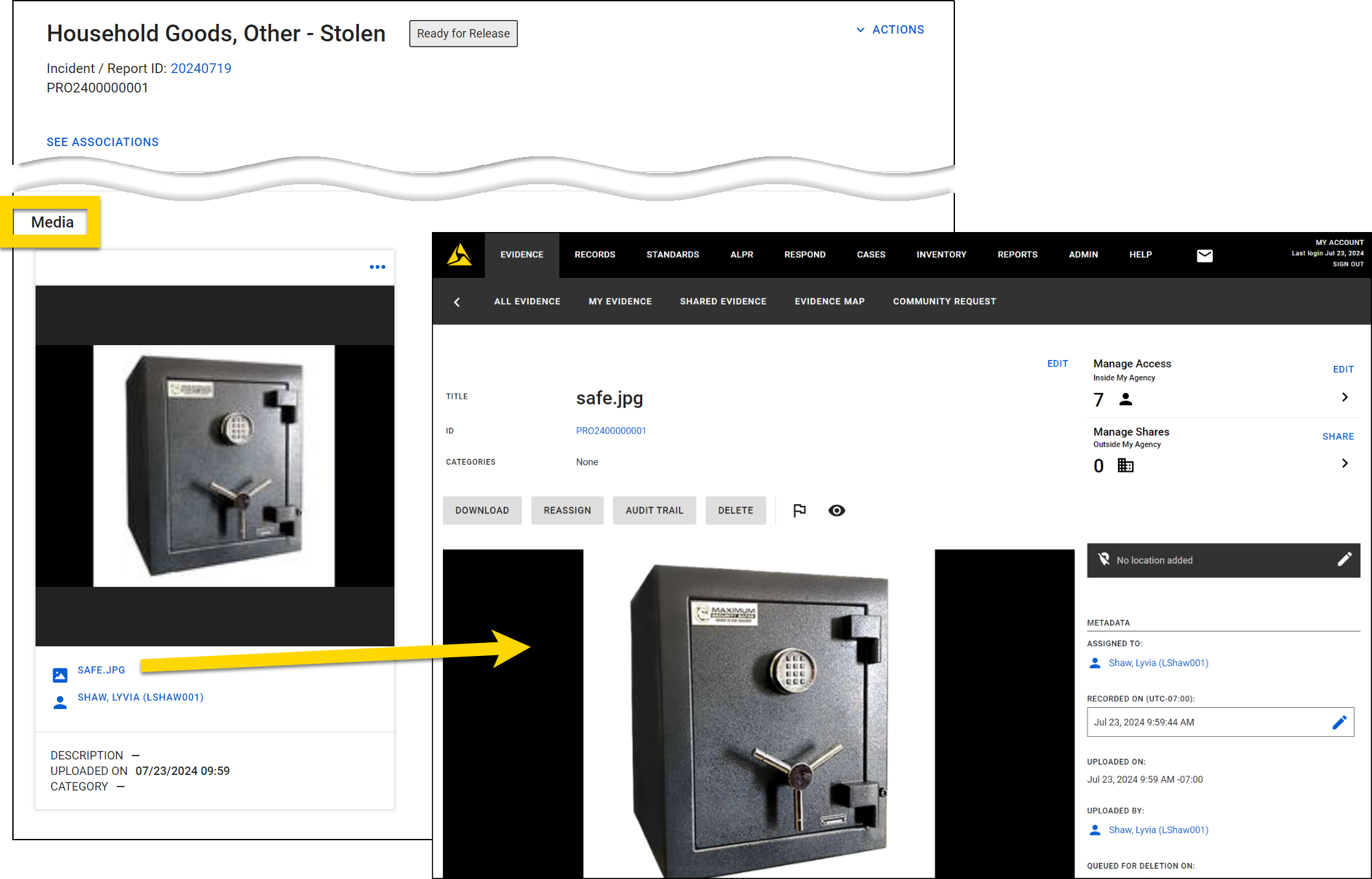 Shows how uploaded files appear in the Media section of a property profile.
