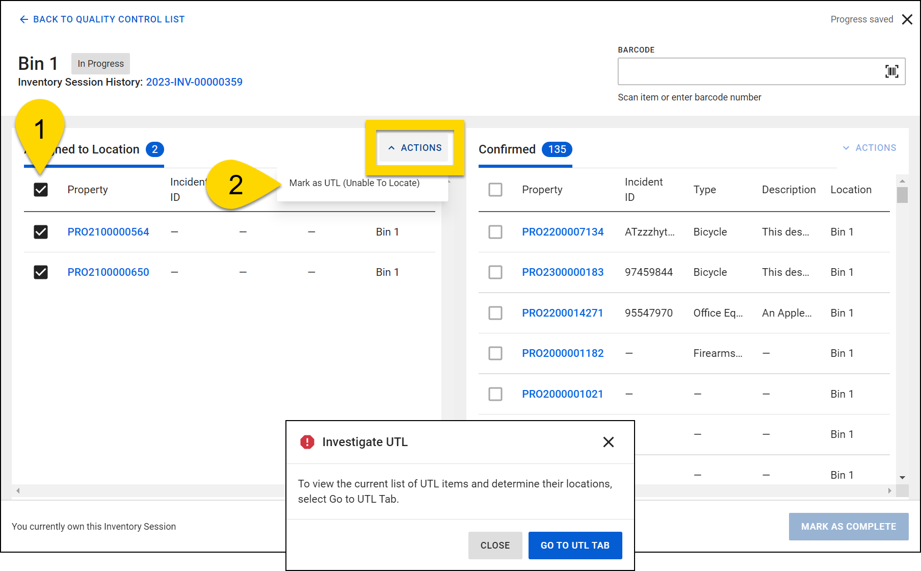 Shows how to mark property items as UTL during an inventory session.
