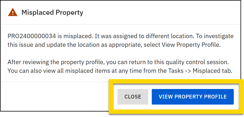 Shows the message that appears when an item is scanned and identified as misplaced.