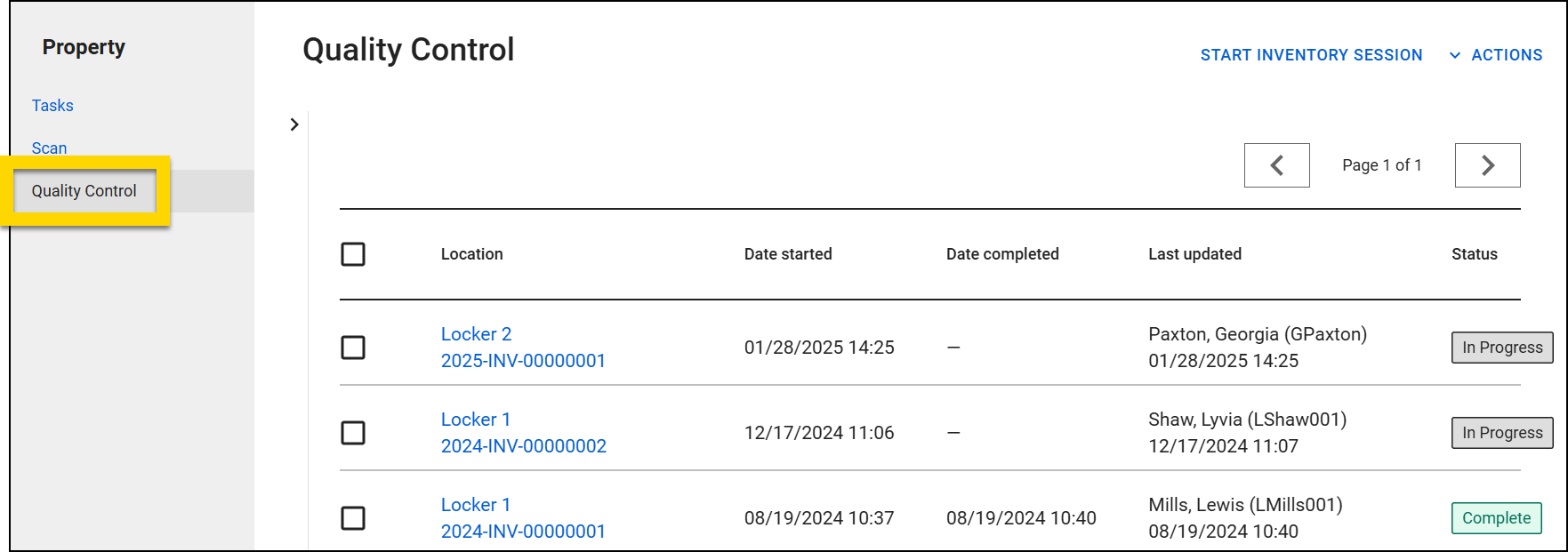 The image shows a Quality Control dashboard within the property module. A yellow highlight emphasizes the Quality Control option in the left navigation menu. The main panel displays a table with inventory records, including location, date started, last updated, and status, with some items marked as In Progress or Complete.