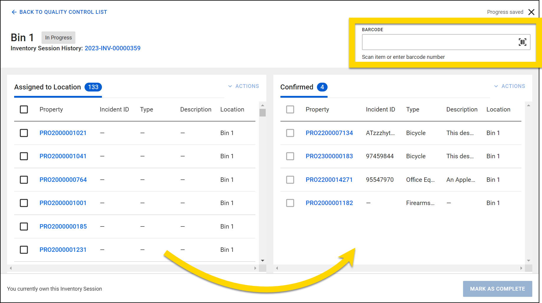 Shows how to scan items to move them from the Assigned to Location section to the Confirmed section.