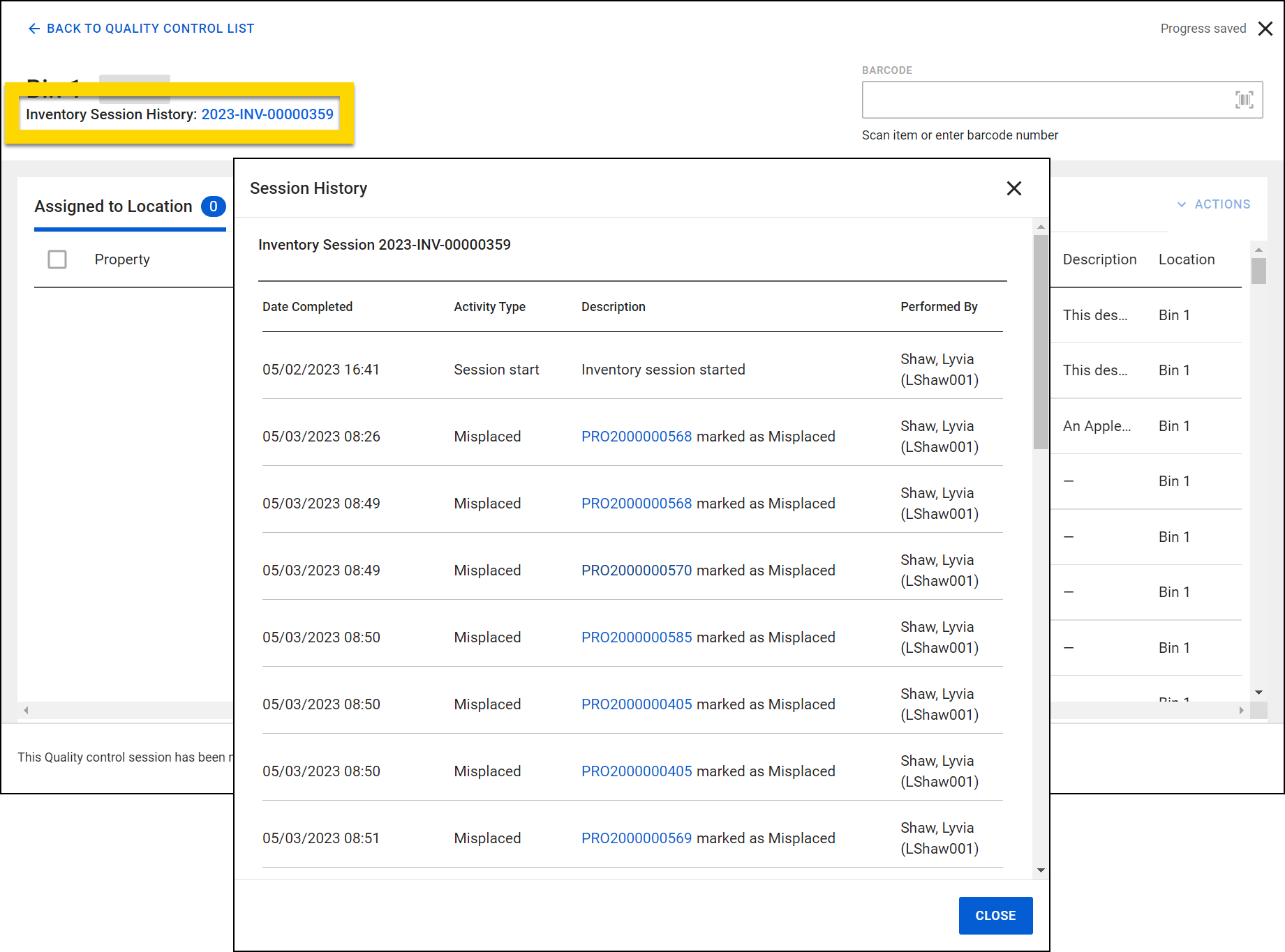 Shows how to view the inventory session history.