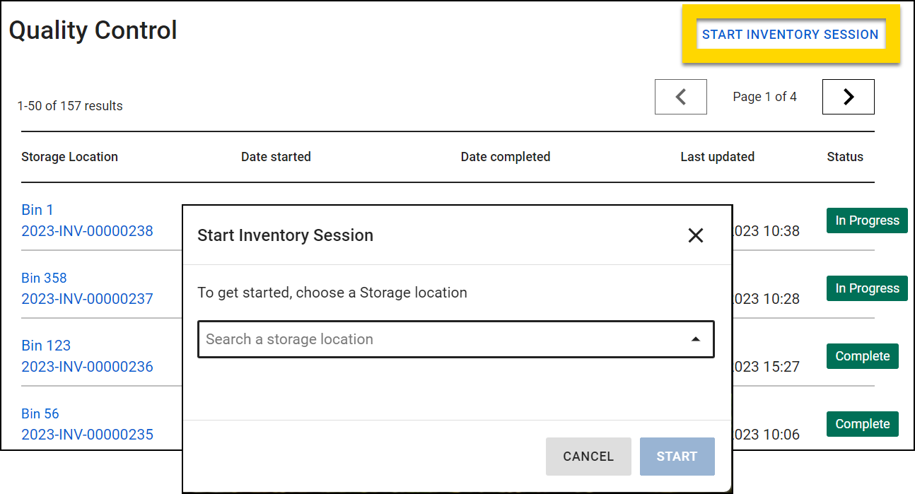 Shows how to start a new inventory session.