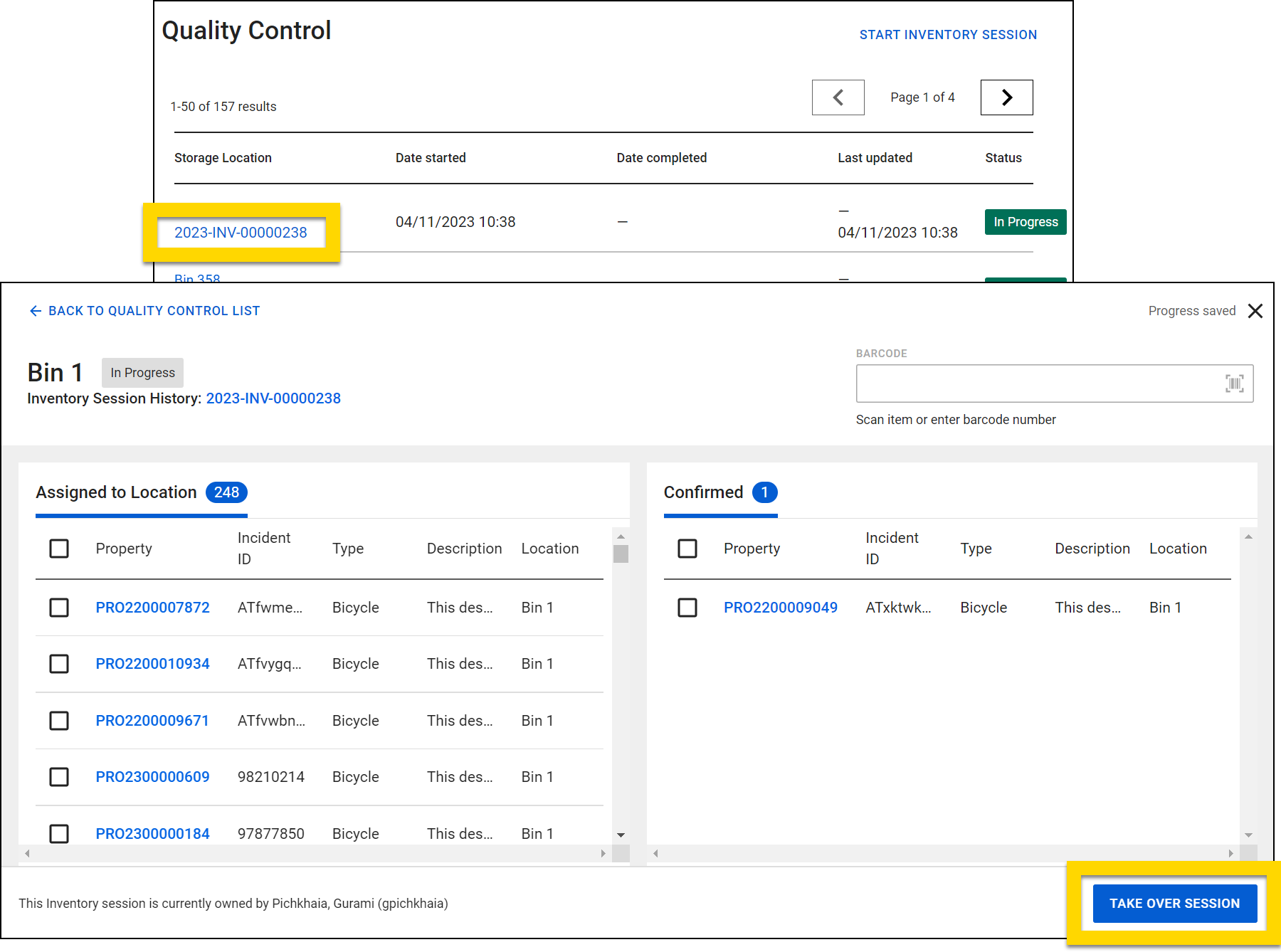 Shows how to take over an inventory session that was created by another user.