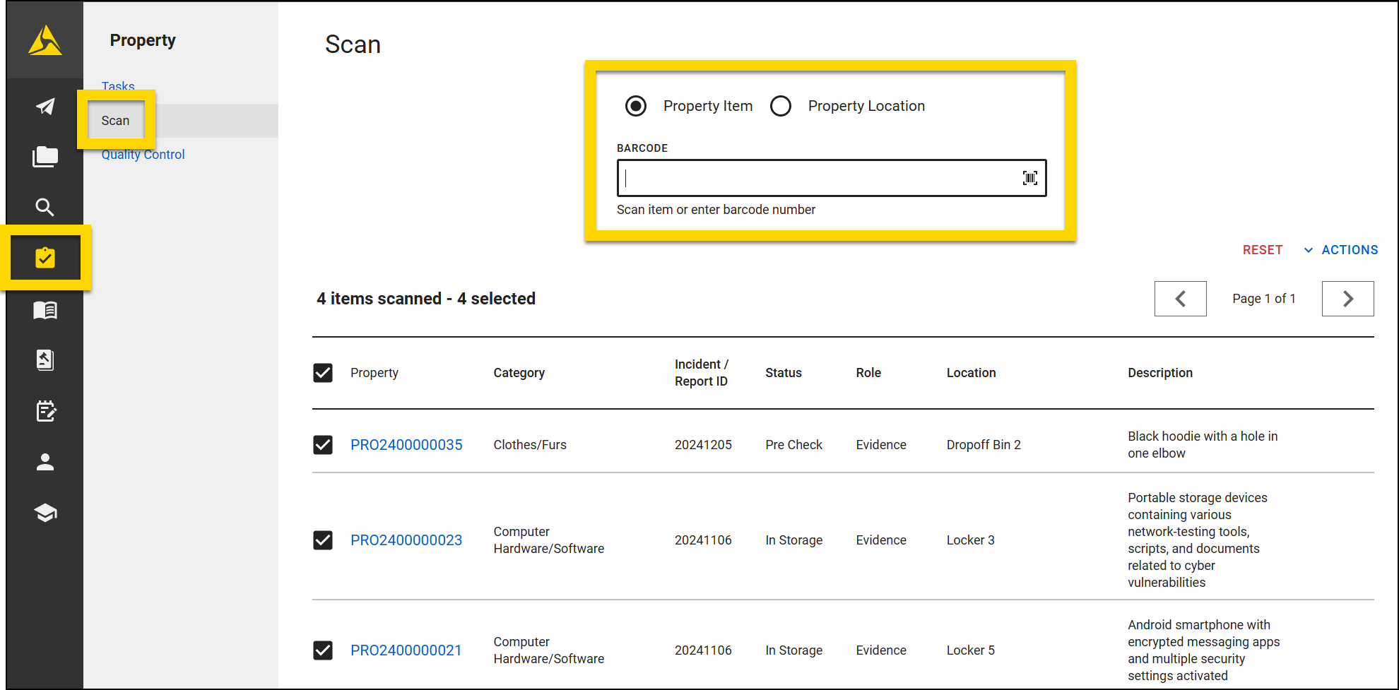 The image shows the Property module with a navigation menu on the left, highlighting the Scan option. At the top, a section is highlighted for scanning a barcode, where users can choose to scan either a Property Item or a Property Location. The main section lists four scanned items. All items are selected, with options to reset or take actions at the top.