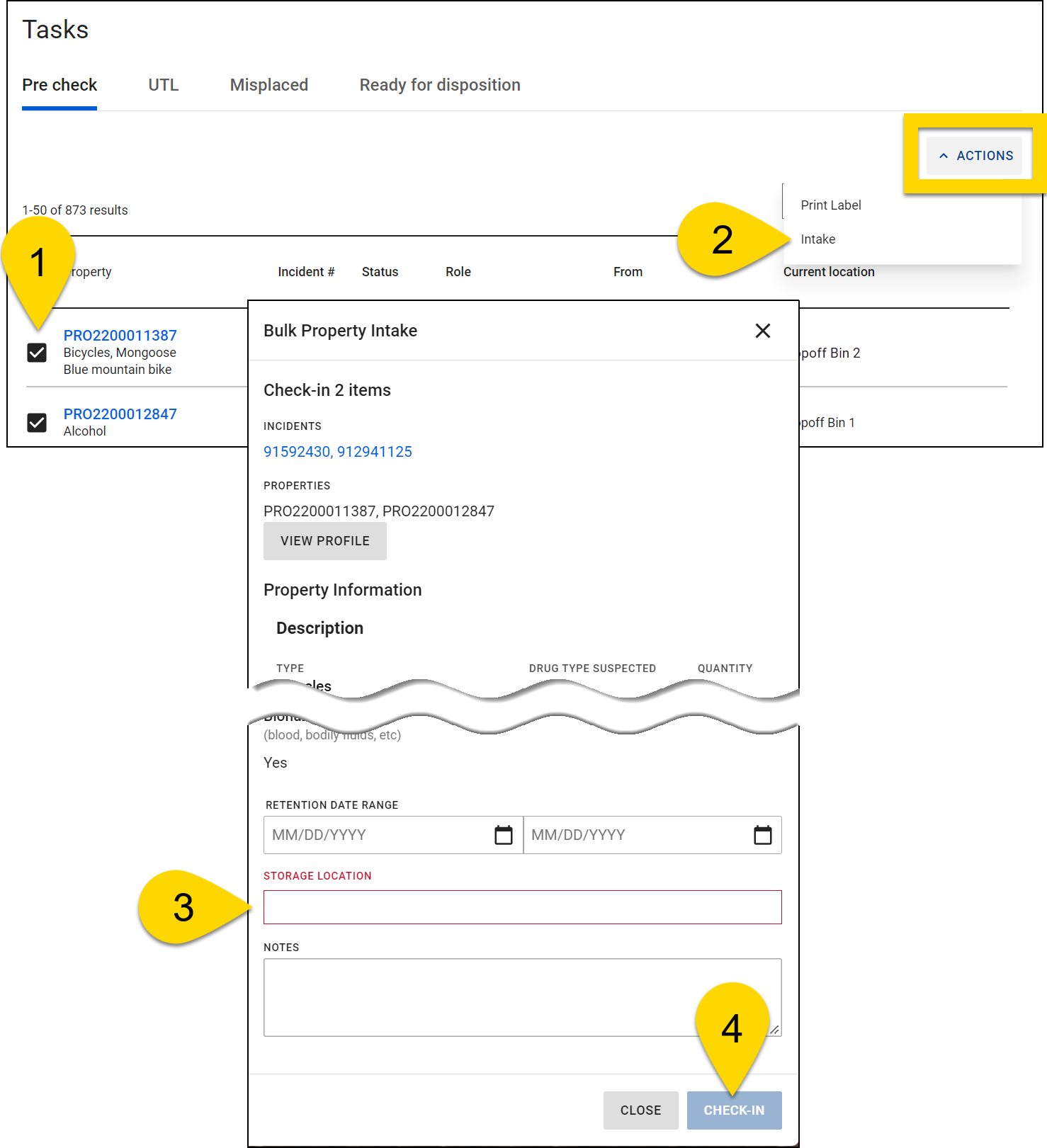 Shows how to perform property intake from the Pre Check tab.