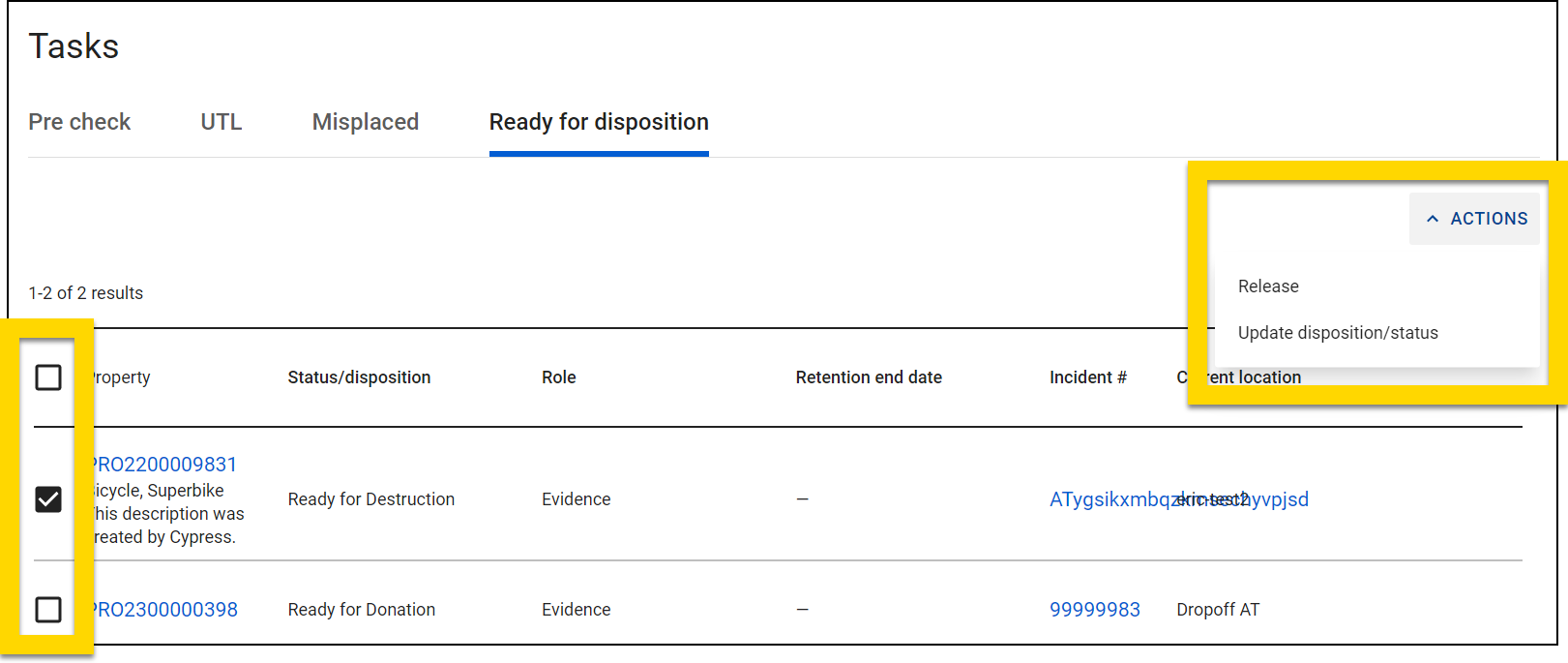 Shows how to release or update the disposition/status of an item in the Ready for disposition tab.
