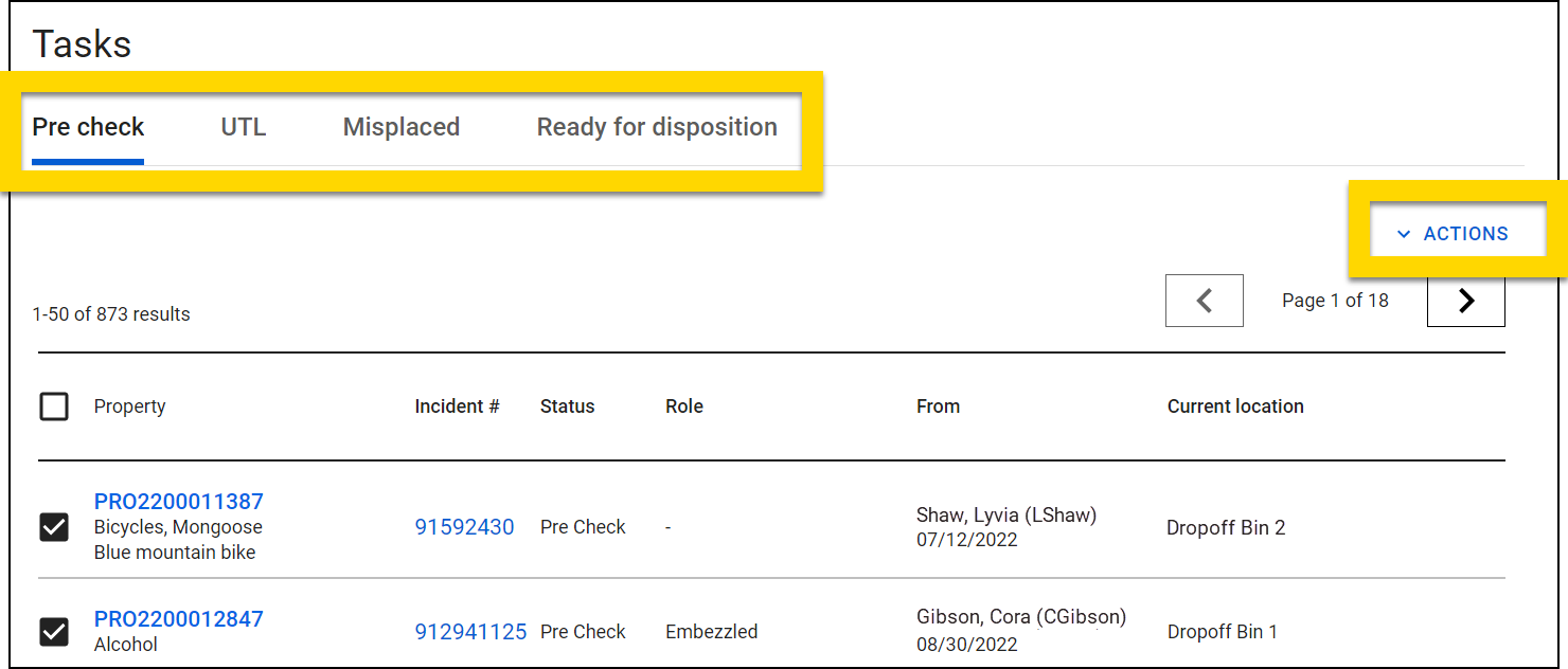 Shows the Property Tasks dashboard with its tabs and actions.