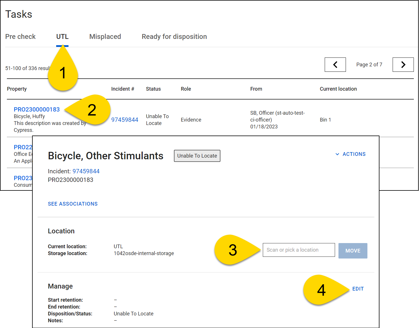 Shows how to update the location and disposition/status of an item in the UTL tab.
