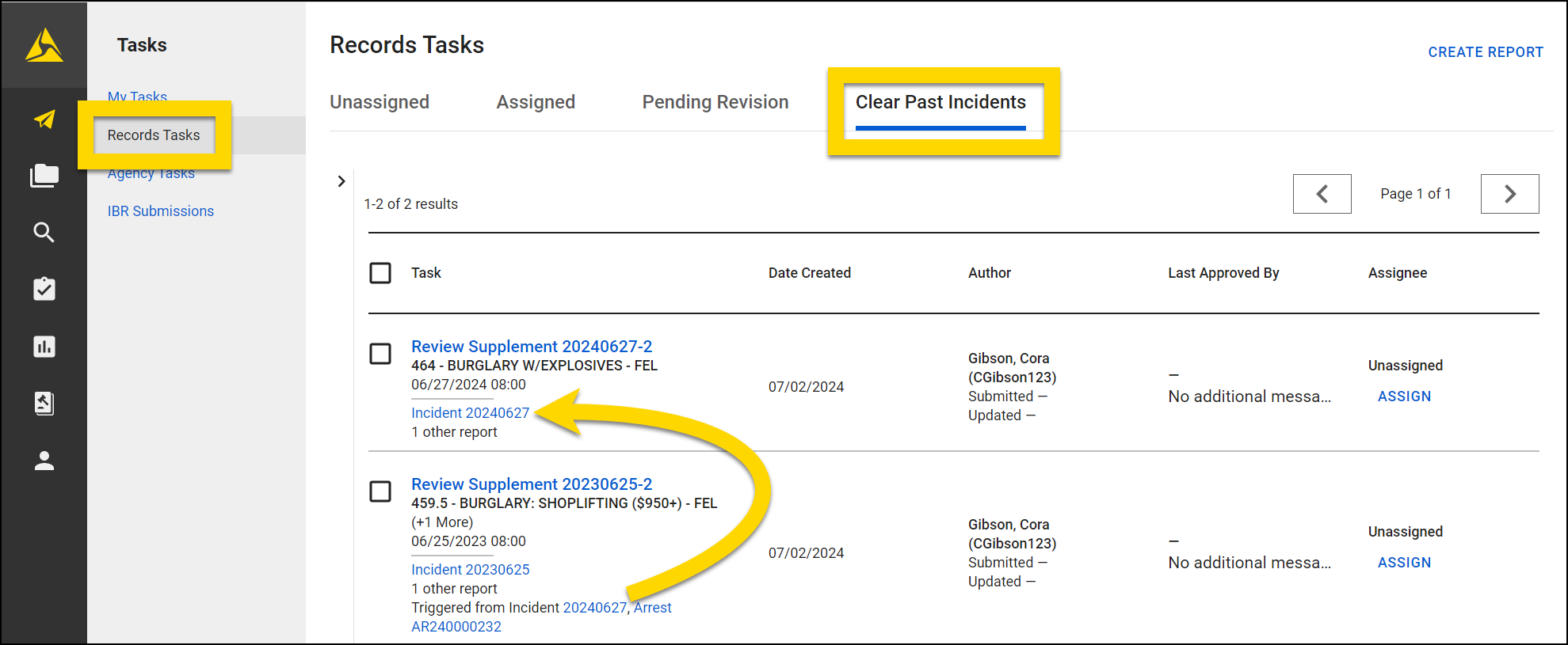 Shows the tasks that appear on the Clear Past Incidents tab in the Records Tasks inbox.