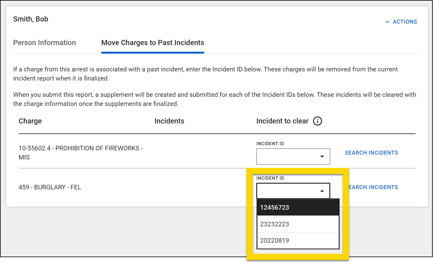 Shows the charge table that appears on the Move charges to past incidents tab.