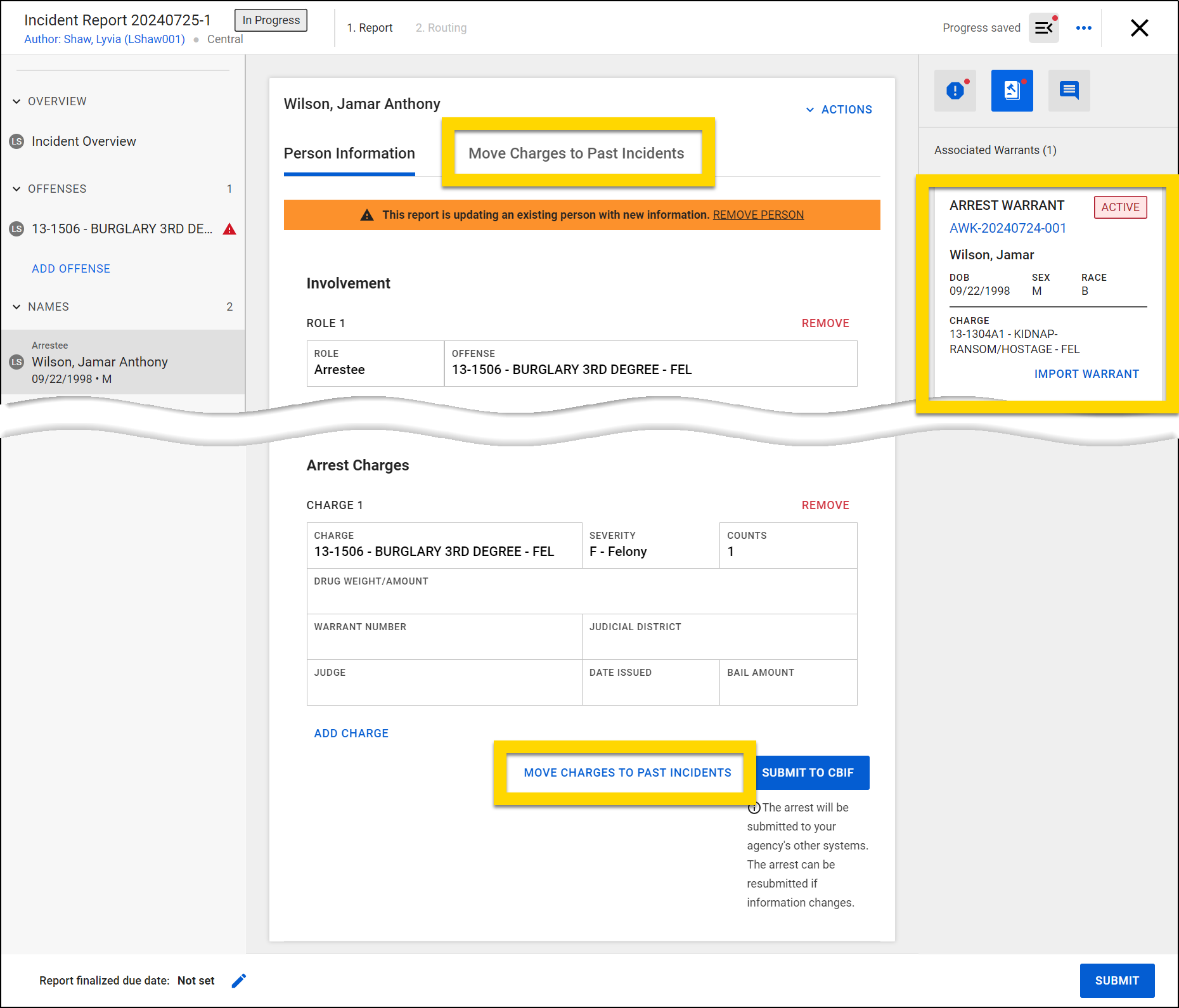 Shows the Move charges to past incidents button and tab that appear once an arrest and charge has been added to an incident report.