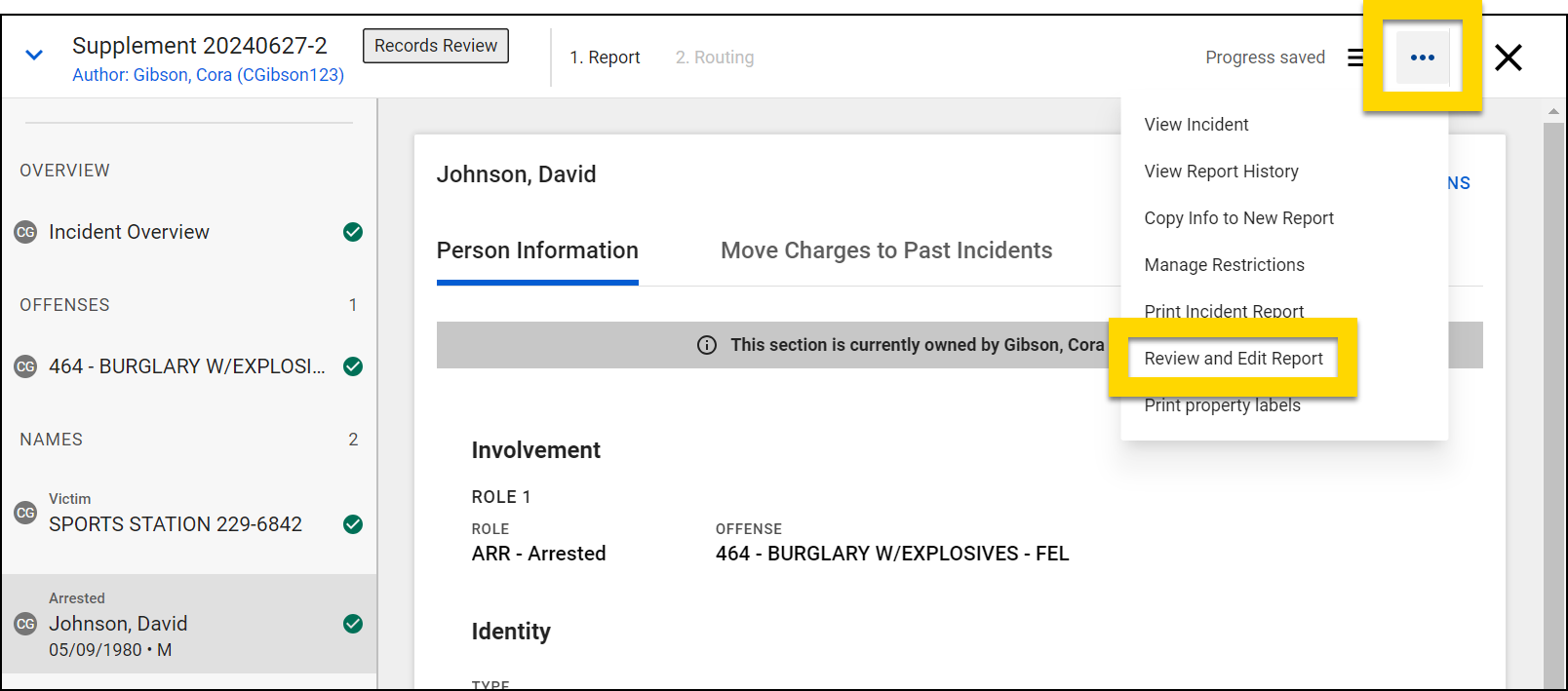 Shows how to edit the report on behalf of the original author.