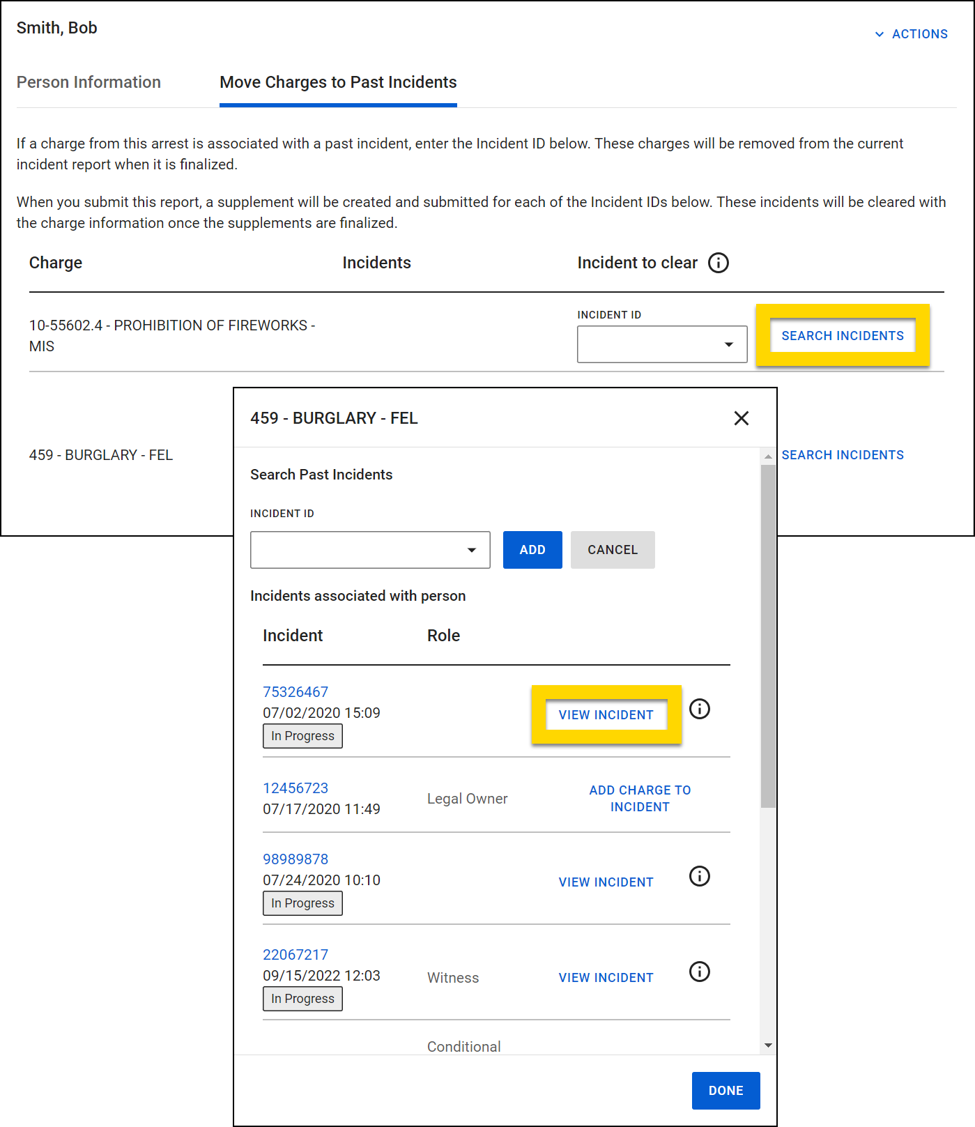 Shows how to search for and view past incident reports associated with an arrestee.