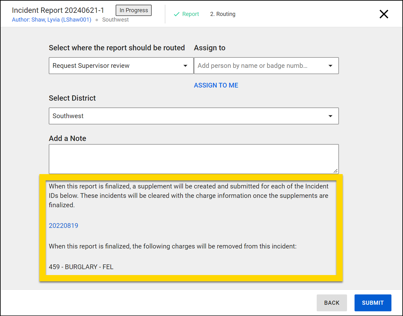 Shows the submission summary screen that shows which charges will be added to past incident reports.
