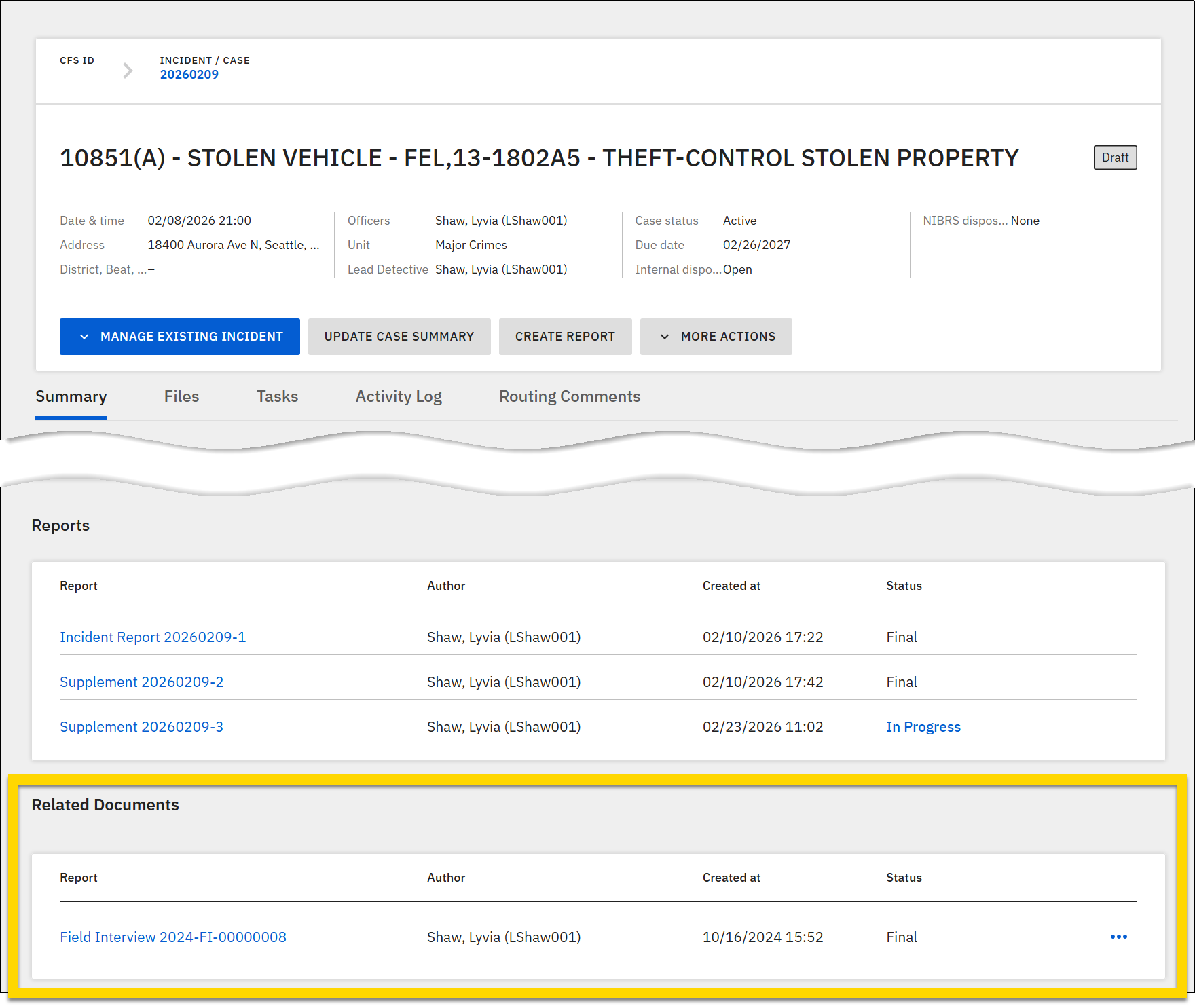 The screenshot shows an incident report with the Related documents section highlighted in a yellow box.