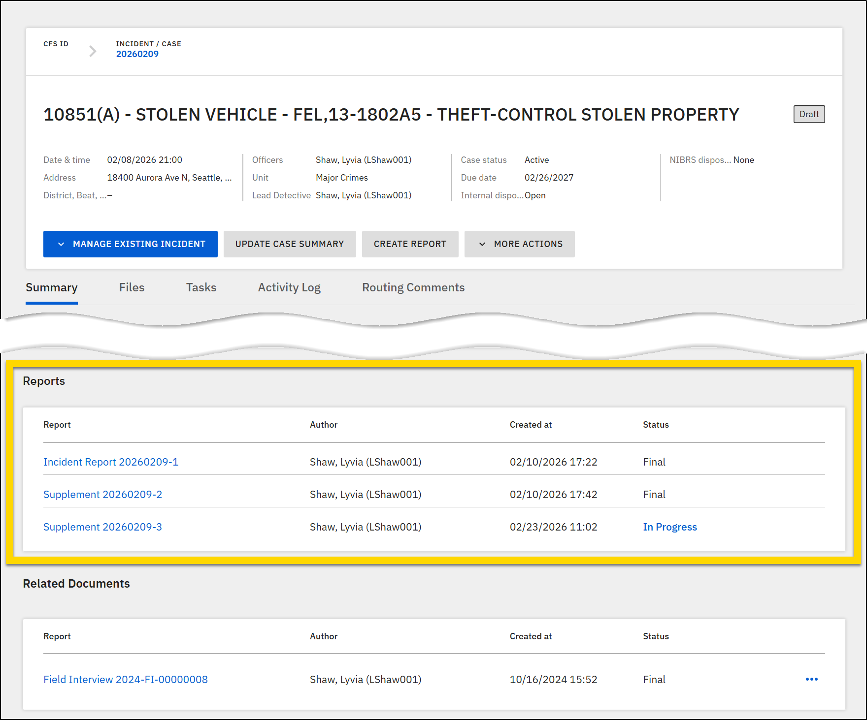The screenshot shows an incident report with the Reports section highlighted in a yellow box