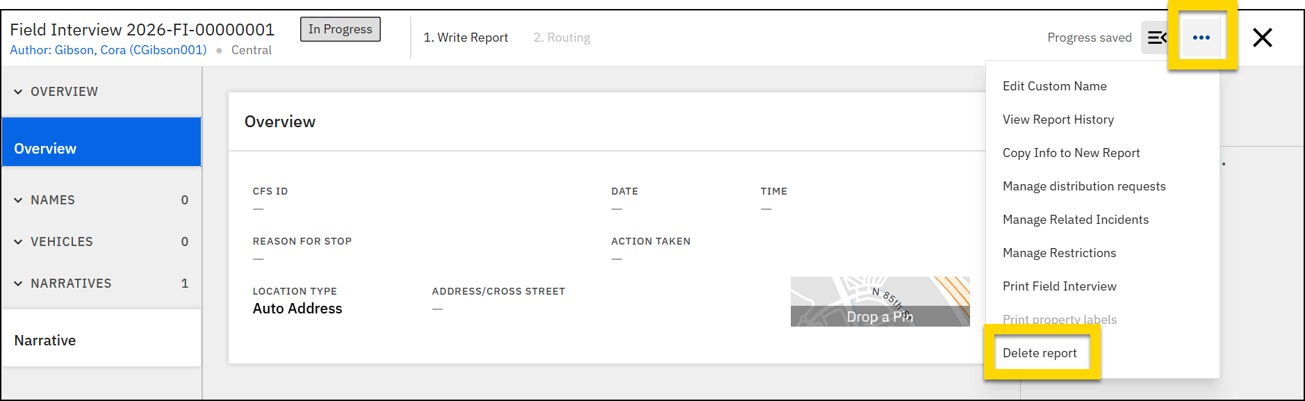 Screenshot of a standalone report. The three-dot More Actions menu is open in the upper-right corner. The Delete report option is highlighted.
