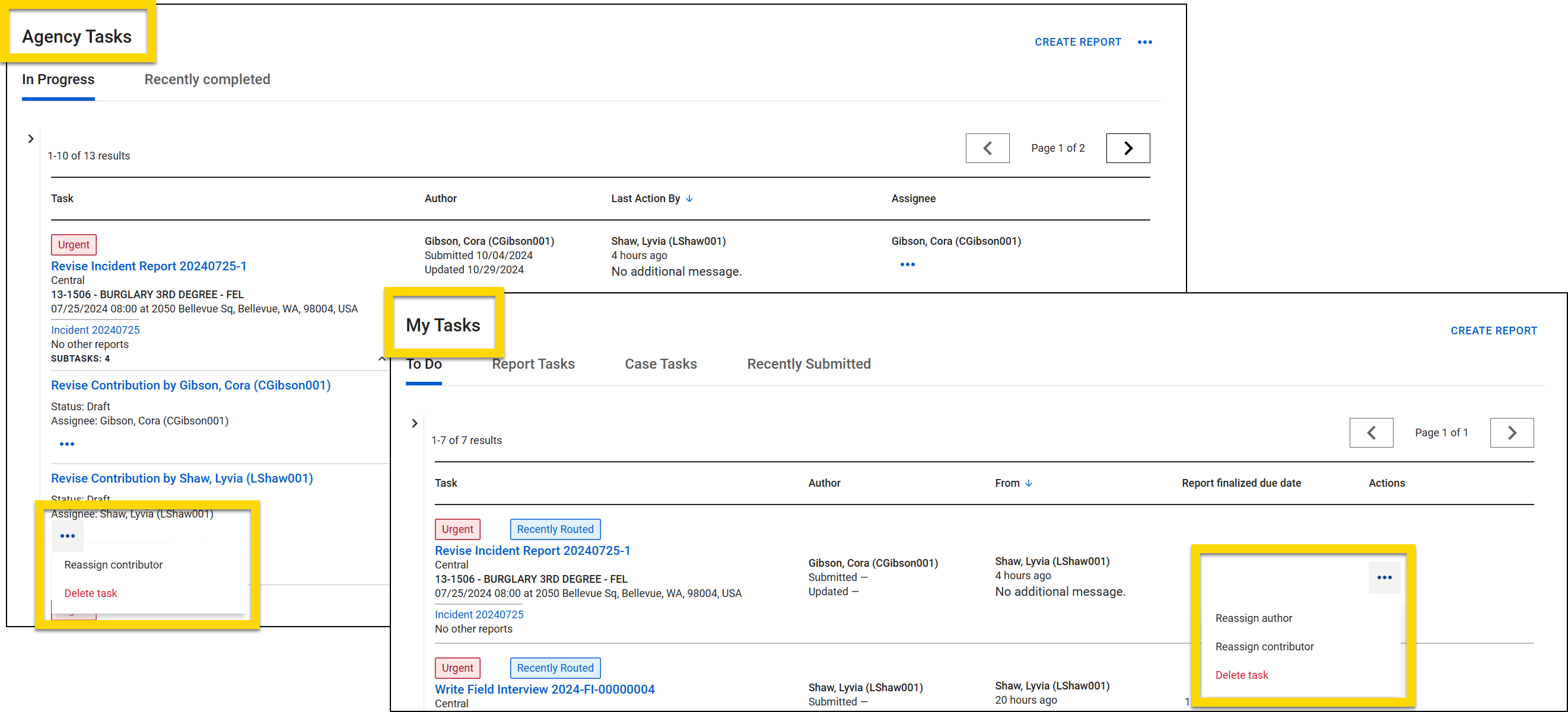 The image shows two inboxes: Agency Tasks and My Tasks. The Agency Tasks inbox shows a task for revising an incident report, with task details such as the author, assignee, and subtasks. A menu under one of the contributions displays the option to delete the task, highlighted in yellow. The My Tasks inbox shows the same task, along with the option to delete the task, highlighted in yellow.