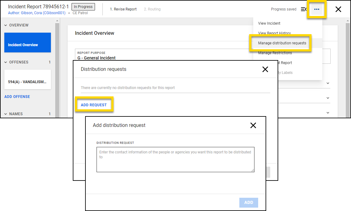 Shows how to add a distribution request for a report.