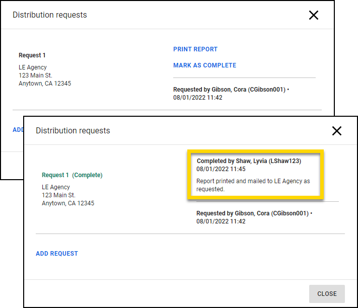 Shows how to view the status of a distribution request.