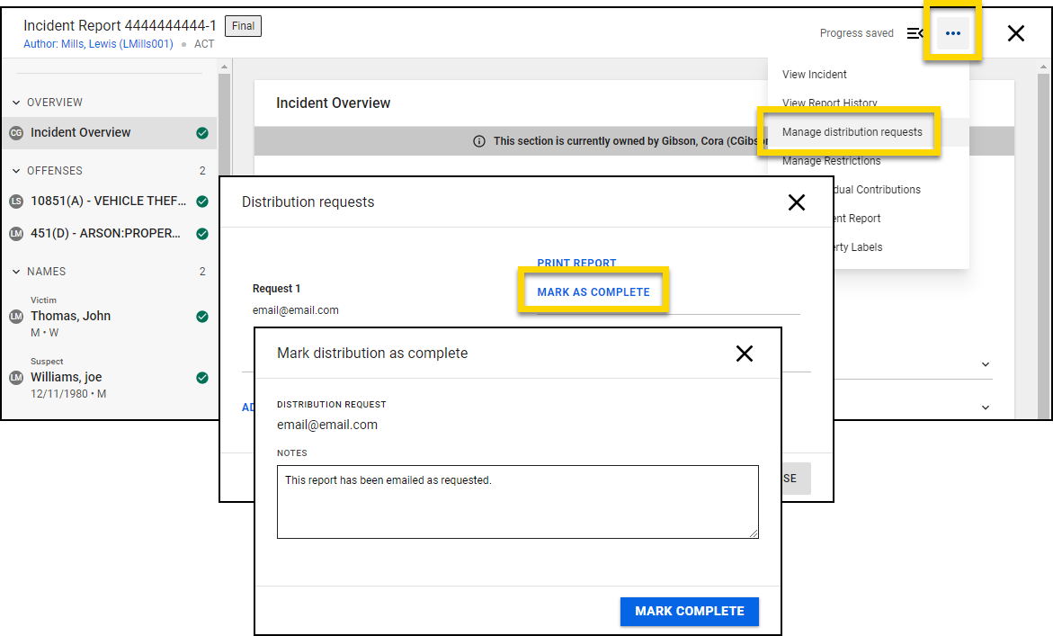 Shows how to mark a distribution request as complete.