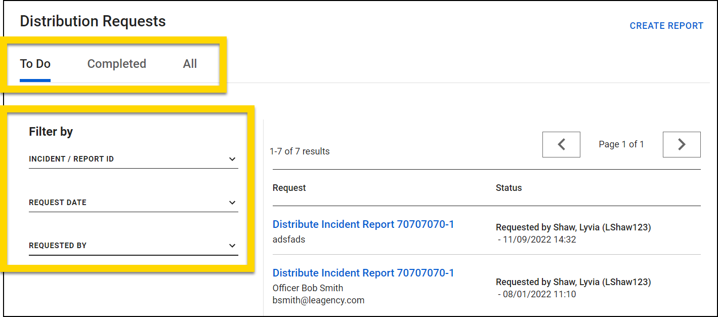Shows the tabs and filters in the Distribution Requests inbox.