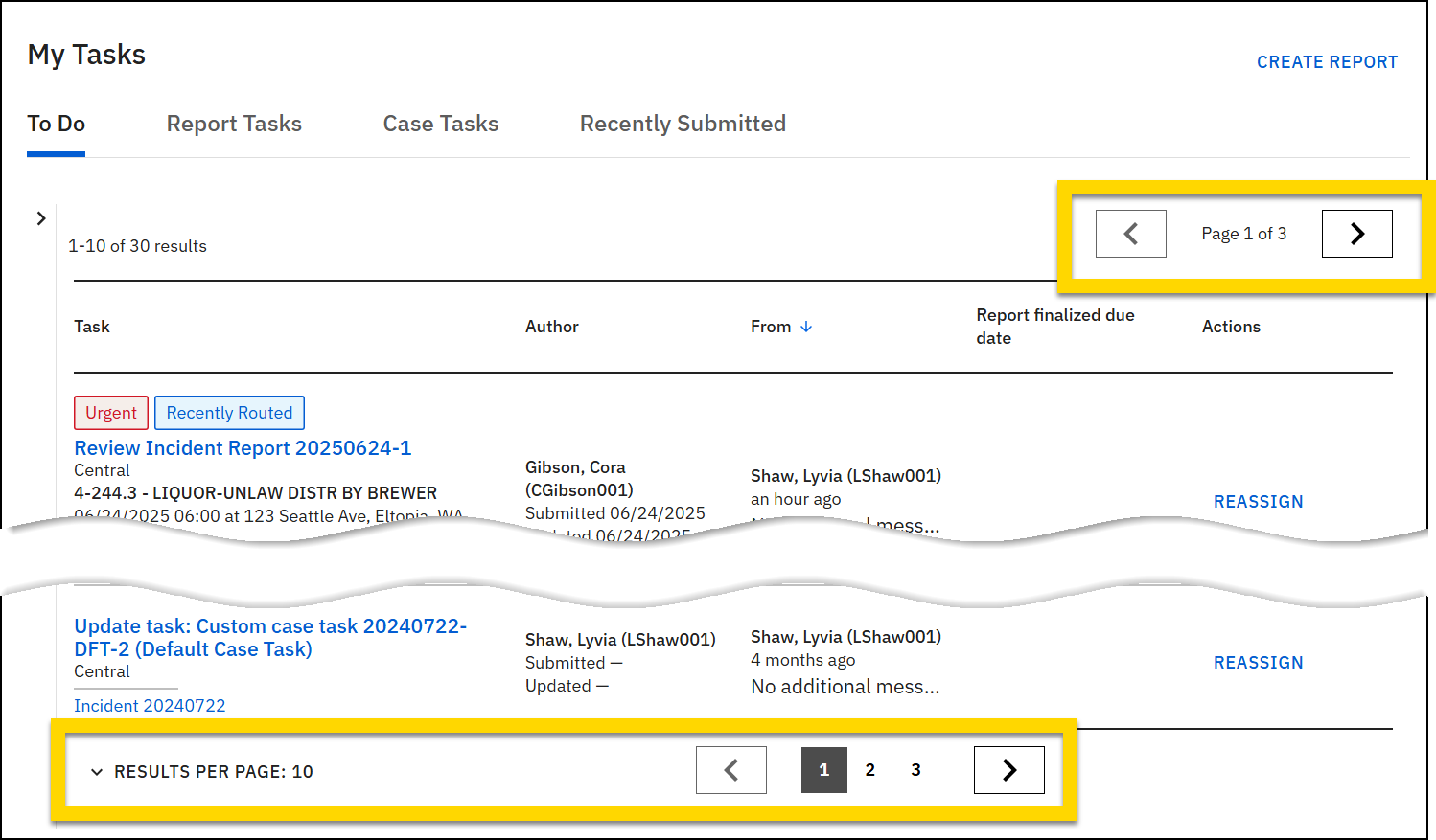 The image shows a task inbox with pagination controls highlighted at the top right and bottom of the page. The top section displays page navigation with arrows and the current page indicator, while the bottom shows results per page settings and additional page numbers.