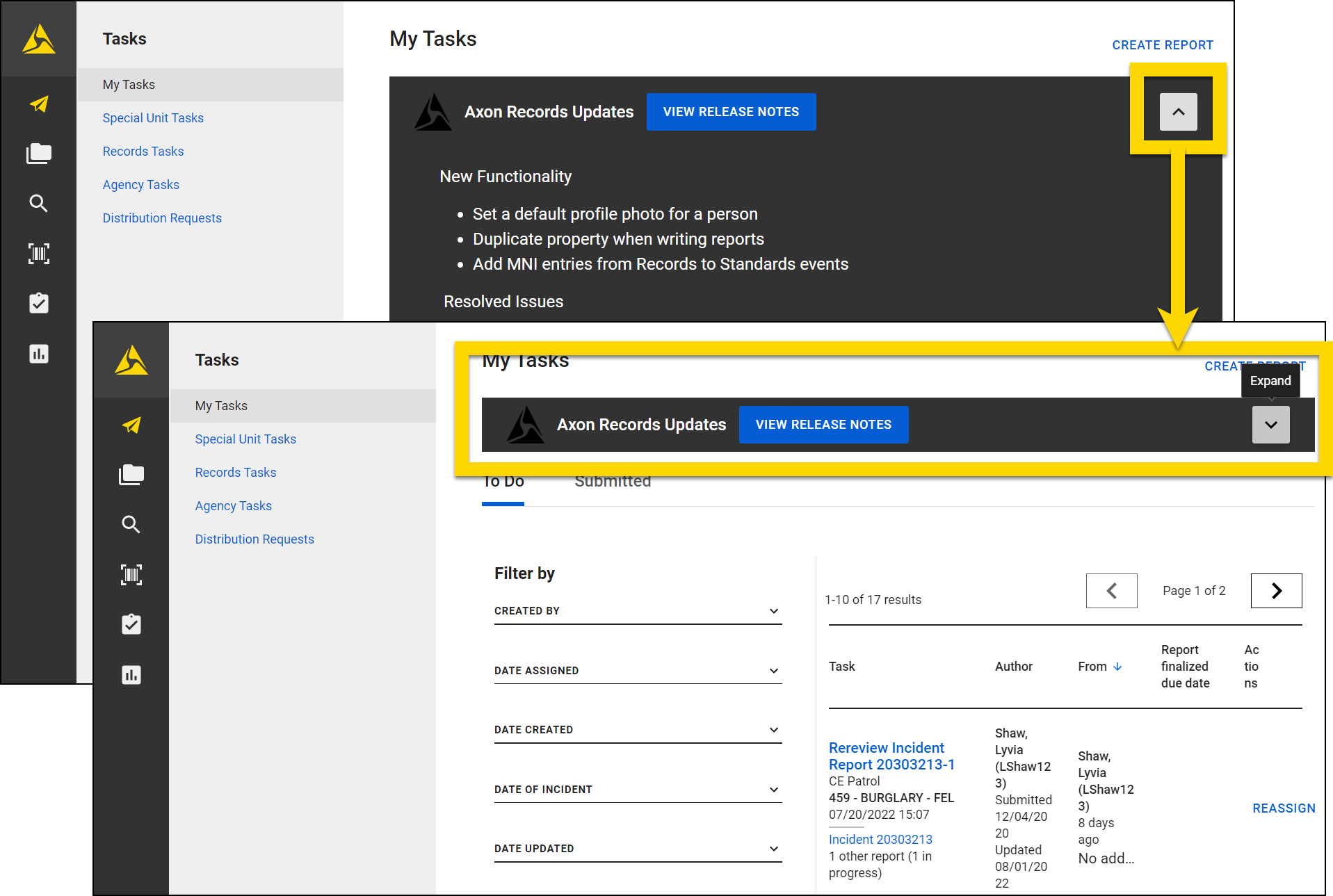 Shows how to expand and collapse the announcements banner in the My Tasks inbox.