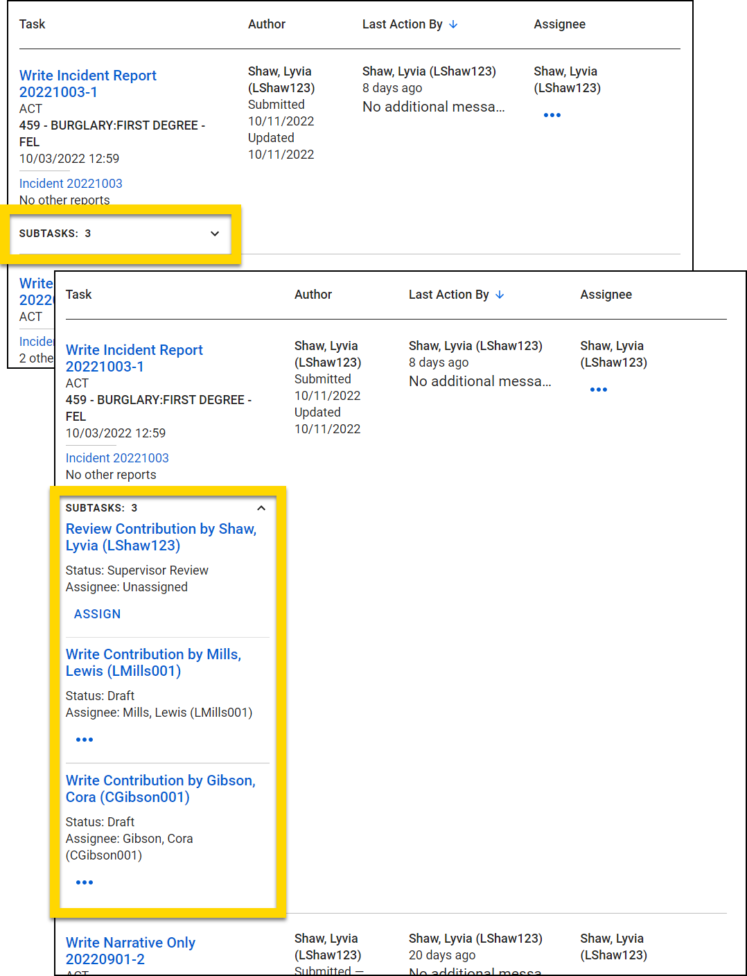 The task list displays an entry titled Write Incident Report. A dropdown labeled Subtasks shows three subtasks related to the incident report, highlighted in yellow. The subtasks include actions such as reviewing and writing contributions, each listing the contributor, status, and assignee, with options to assign or view more details.