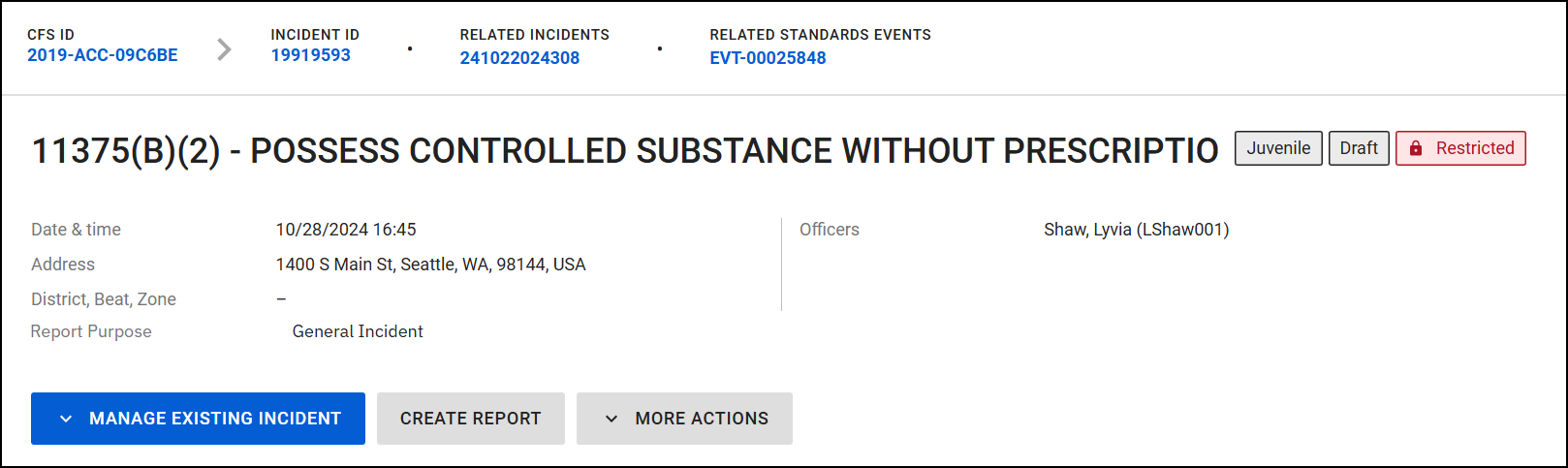 The image shows the top portion of the incident profile with basic incident details.