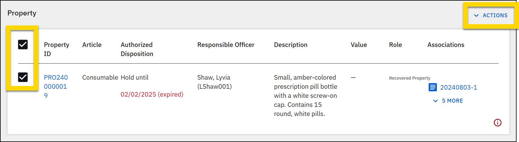 Property table with checkboxes and Actions menu. Property ID column has selected checkboxes.