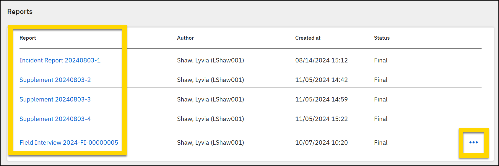 Reports table with options to Unlink from incident. Columns for Report, Author, Created at, and Status.