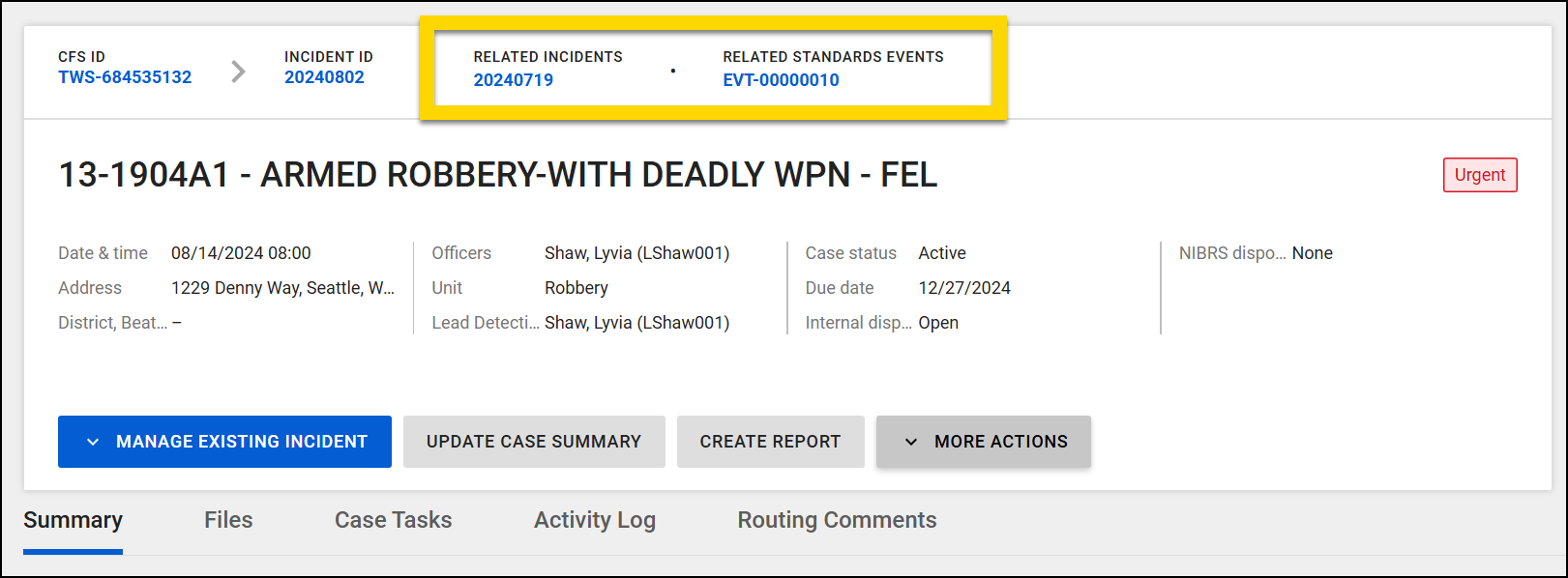 The image shows an incident profile for an armed robbery case with details such as the incident date, time, location, assigned personnel, and active case status with a due date. The interface includes buttons for managing the incident, updating the case summary, creating a report, and accessing more actions. A highlighted section at the very top lists related Records incidents and related Standards events, linking them to the case.