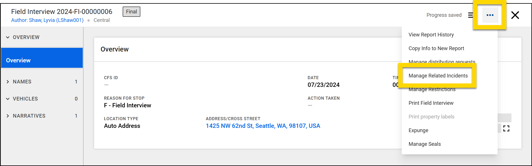 The image displays the details of an incident involving an armed robbery. The More Actions menu is highlighted and expanded with the Link Other Reports option highlighted.