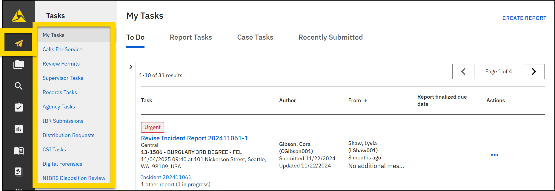 The image shows the Tasks module with the My Tasks inbox open. A yellow highlight outlines the navigation panel on the left, emphasizing the  Tasks icon and inbox list.
