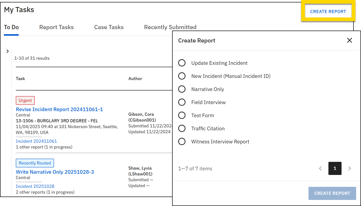Shows where a user can create new reports from.