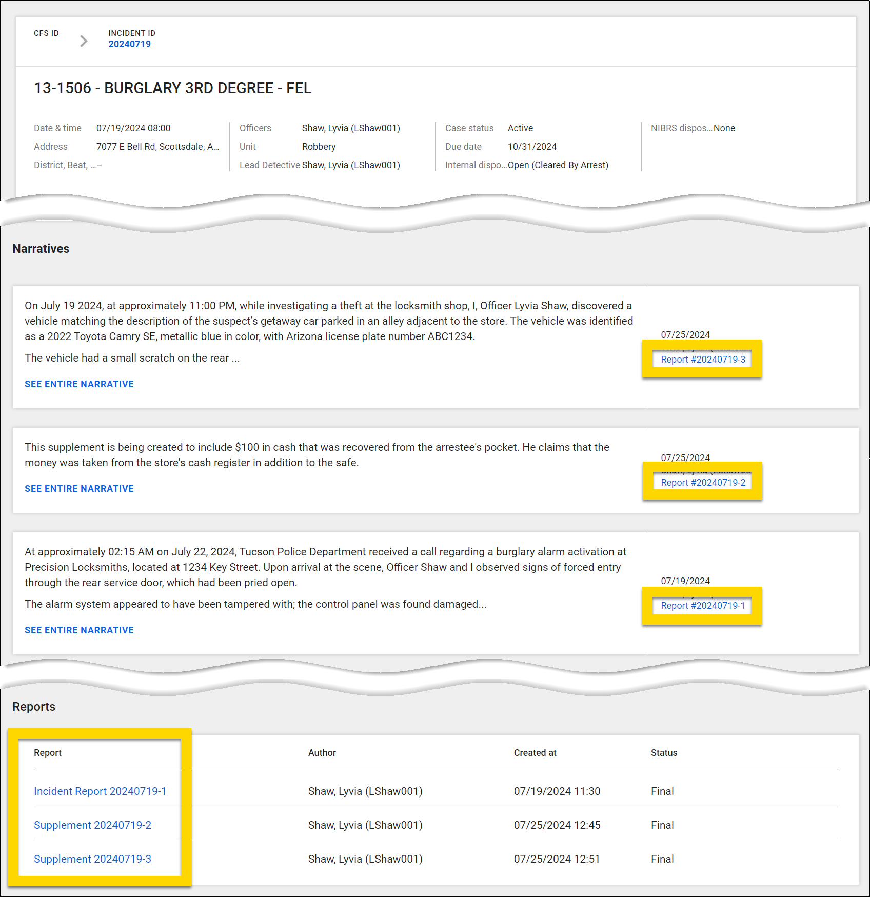 Shows the indications of a supplement report.