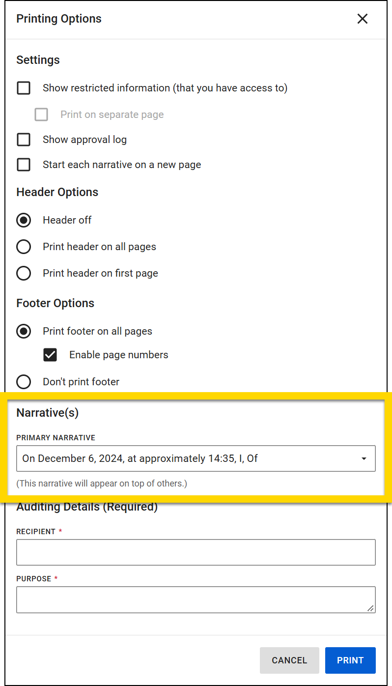 The image shows the Printing Options interface with sections for settings, header options, footer options, narrative(s), and auditing details. The narrative section, highlighted in yellow, includes an option for selecting the primary narrative.