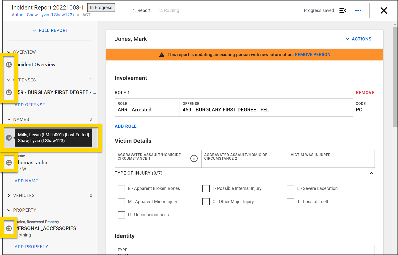 Shows how to see which user owns a report section.